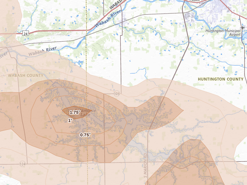 Radar-estimated hail-size map of the storm over Andrews, IN on Mar 26, 2026