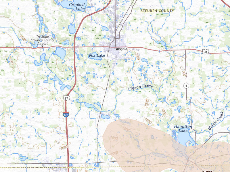 Radar-estimated hail-size map of the storm over Angola, IN on Mar 26, 2026