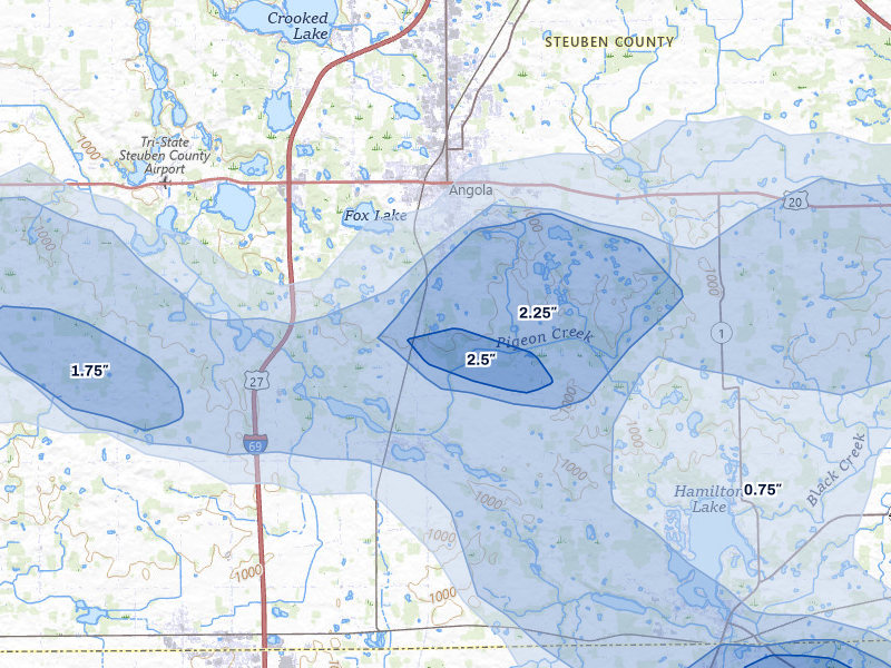 NEXRAD radar-signature map of the hail over Angola, IN