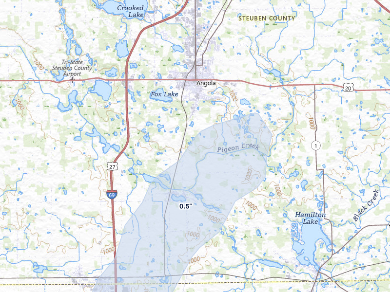 NEXRAD radar-signature map of the hail storm over Angola, IN on May 18, 2026