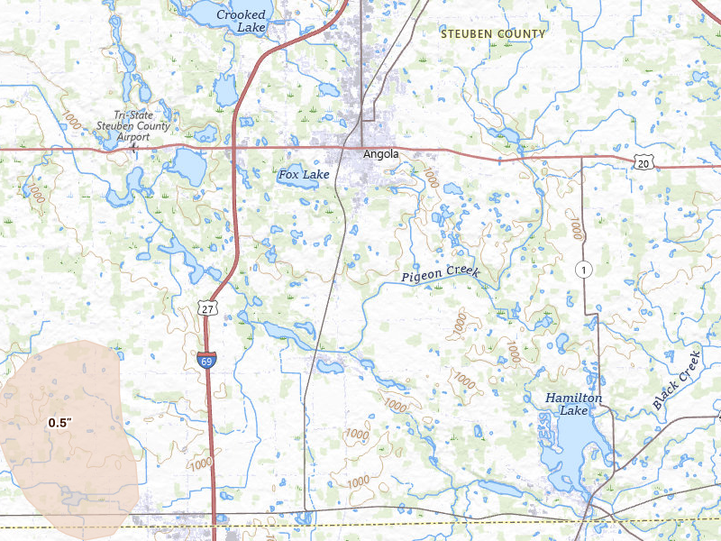 Radar-estimated hail-size map of the storm over Angola, IN on Jul 3, 2026