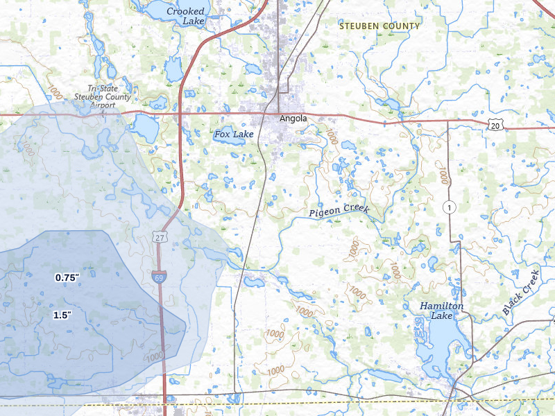 NEXRAD radar-signature map of the hail storm over Angola, IN on Jul 3, 2026