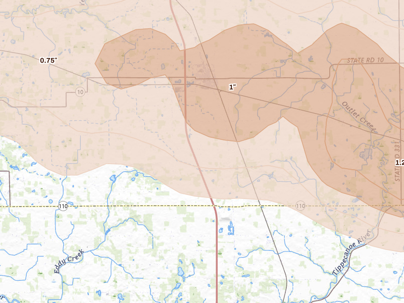 Radar-estimated hail-size map of the storm over Argos, IN on Mar 31, 2026