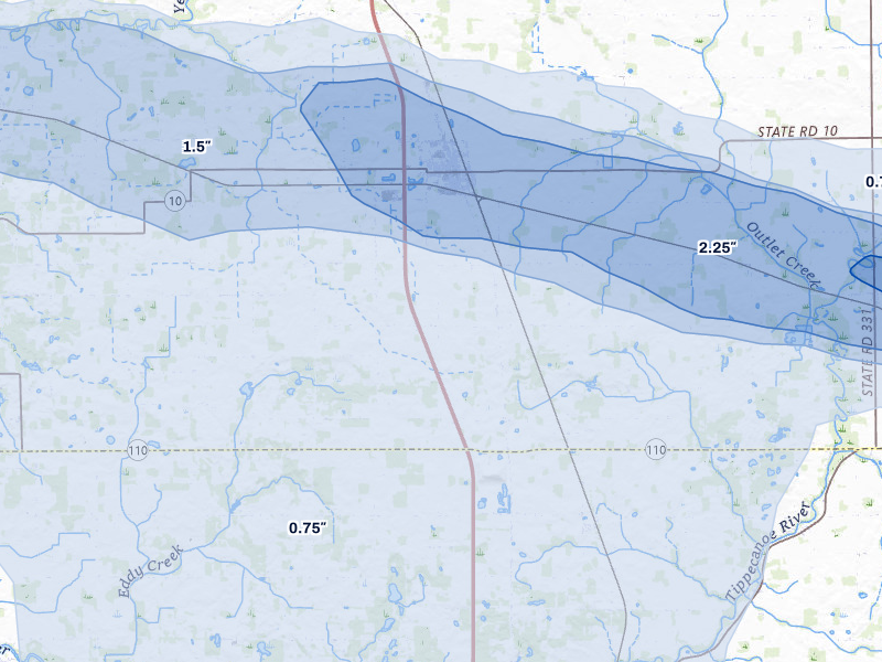 NEXRAD radar-signature map of the hail over Argos, IN