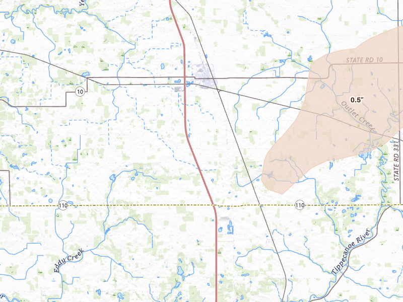 Radar-estimated hail-size map of the storm over Argos, IN on Jul 3, 2026