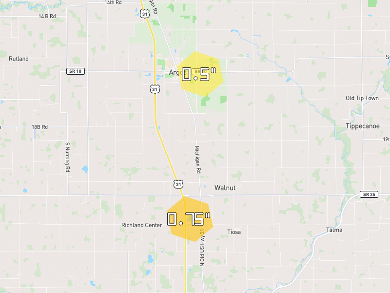 Hail map of Argos, IN on Jul 21, 2026, hail up to 0.75"