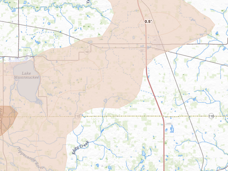 Radar-estimated hail-size map of the storm over Argos, IN on Aug 10, 2026