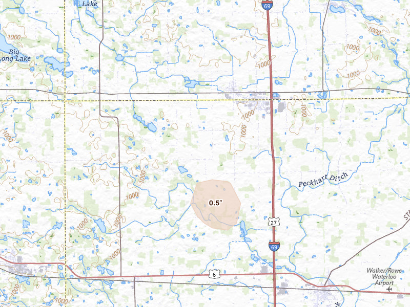 Radar-estimated hail-size map of the storm over Ashley, IN on Jul 27, 2026