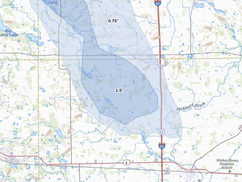 NEXRAD radar-signature map of the hail over Ashley, IN