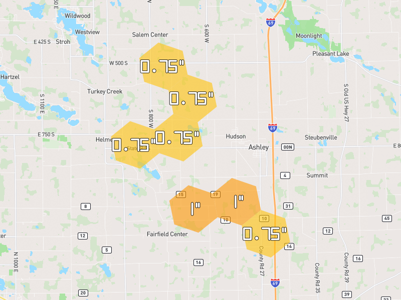 Hail map of Ashley, IN on Jul 28, 2026, hail up to 1"