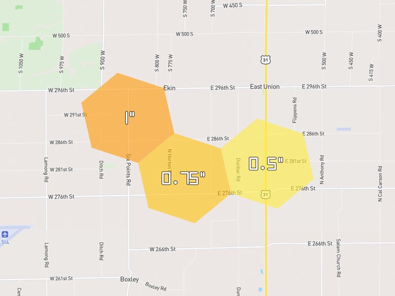 Hail map of Atlanta, IN on Jun 7, 2026, hail up to 1"