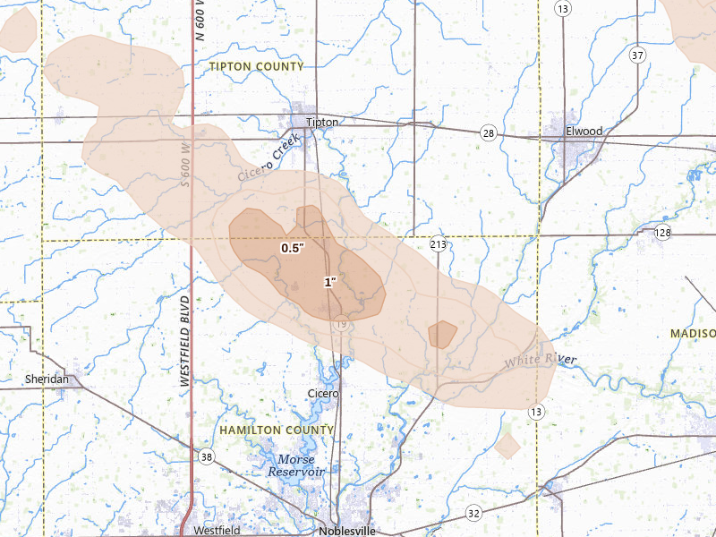 Radar-estimated hail-size map of the storm over Atlanta, IN on Aug 13, 2026