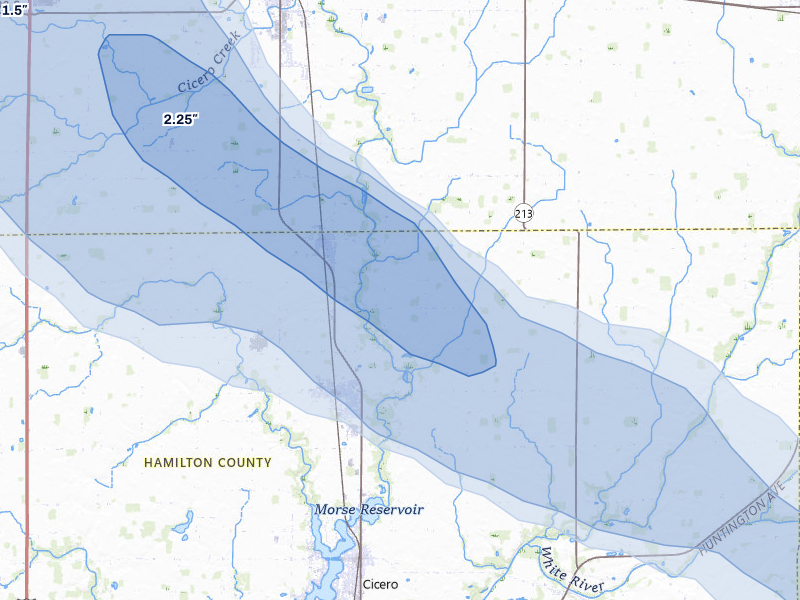 NEXRAD radar-signature map of the hail storm over Atlanta, IN on Aug 13, 2026