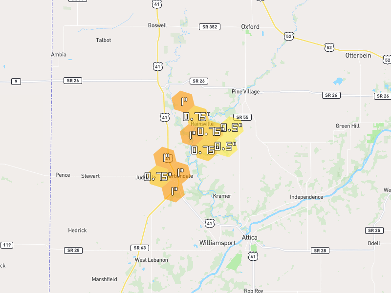 Hail map of Attica, IN on Jun 6, 2026, hail up to 1"