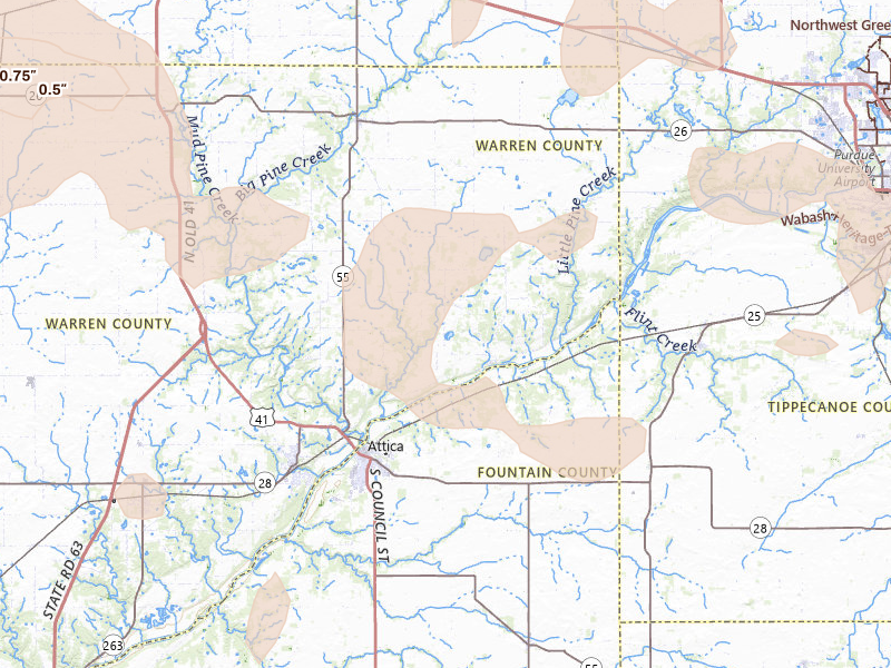 Radar-estimated hail-size map of the storm over Attica, IN on Aug 9, 2026