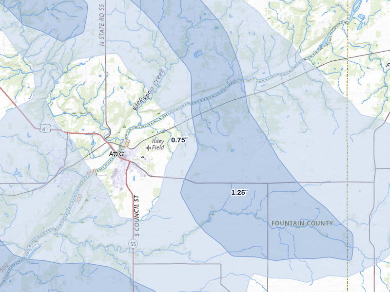 NEXRAD radar-signature map of the hail storm over Attica, IN on Aug 9, 2026