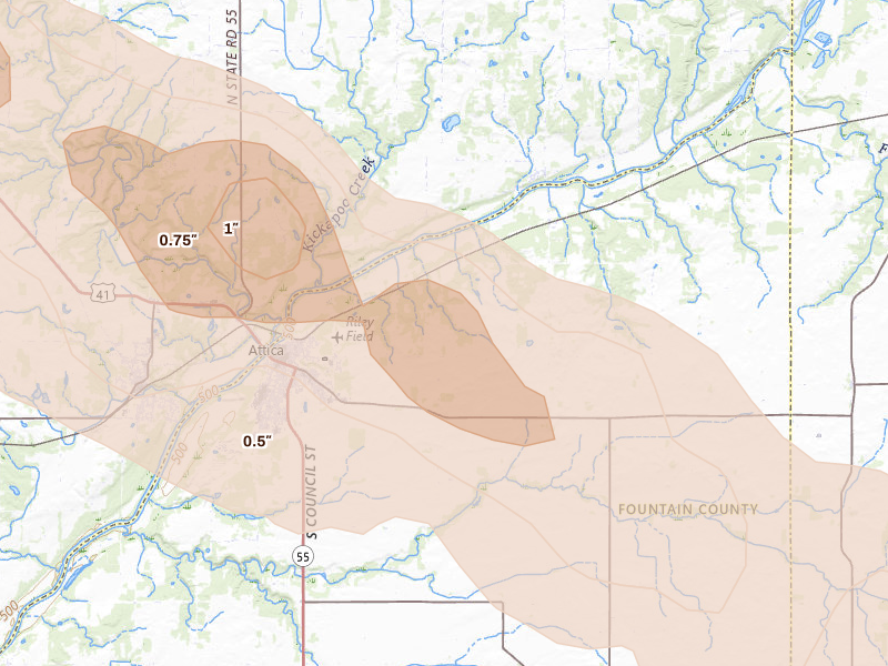Radar-estimated hail-size map of the storm over Attica, IN on Aug 11, 2026