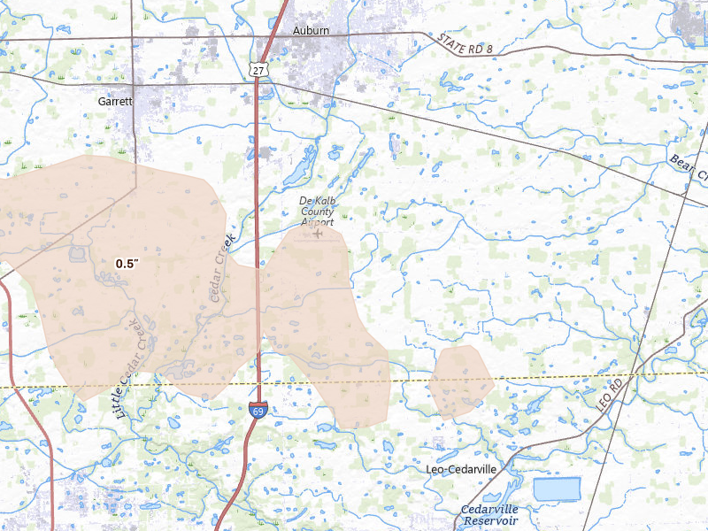 Radar-estimated hail-size map of the storm over Auburn, IN on Mar 31, 2026