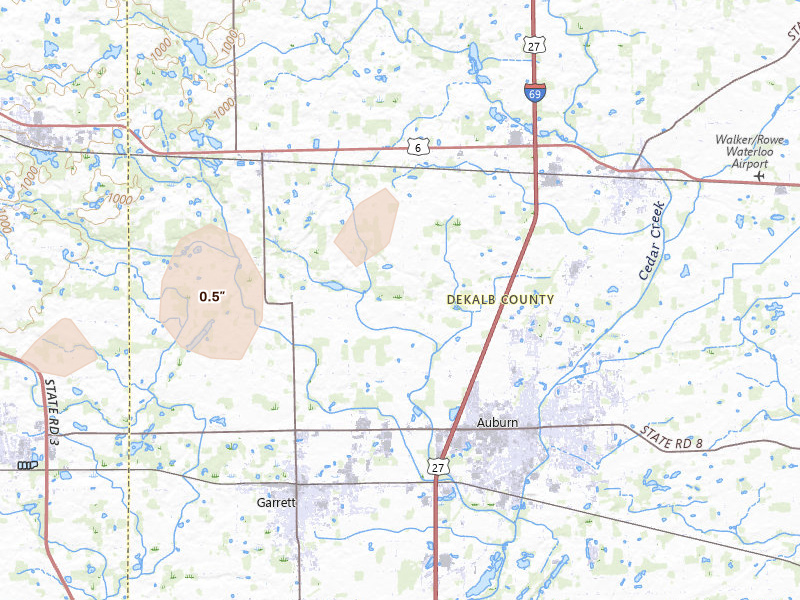 Radar-estimated hail-size map of the storm over Auburn, IN on Aug 9, 2026