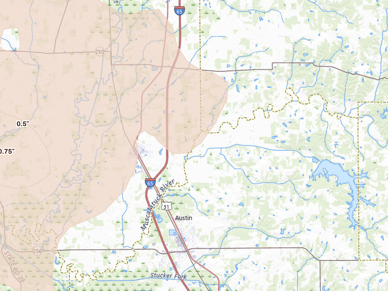 Radar-estimated hail-size map of the storm over Austin, IN on Apr 27, 2026