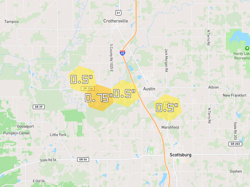 Hail map of Austin, IN on Jul 21, 2026, hail up to 0.75"
