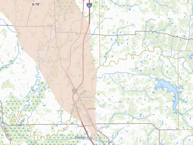 Radar-estimated hail-size map of the storm over Austin, IN on Jul 27, 2026
