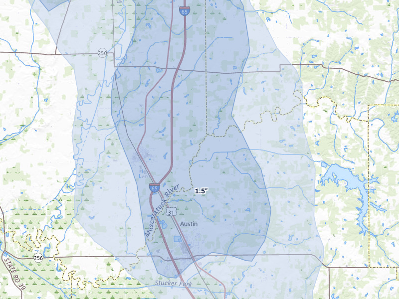 NEXRAD radar-signature map of the hail storm over Austin, IN on Jul 27, 2026