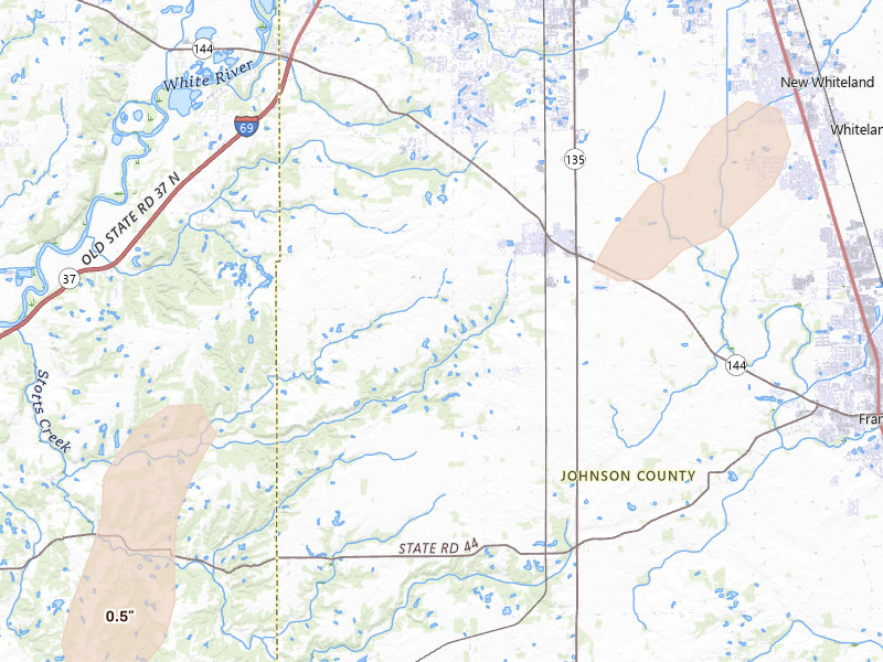 Radar-estimated hail-size map of the storm over Bargersville, IN on Jul 3, 2026