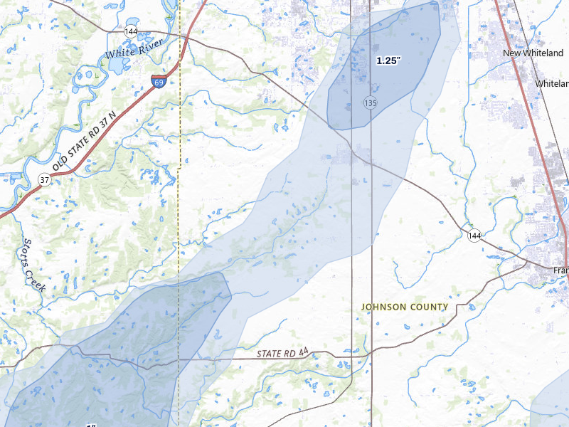 NEXRAD radar-signature map of the hail storm over Bargersville, IN on Jul 3, 2026