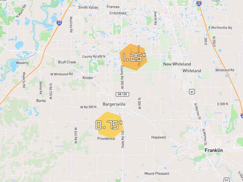 Hail map of Bargersville, IN on Jul 3, 2026, hail up to 1.25"