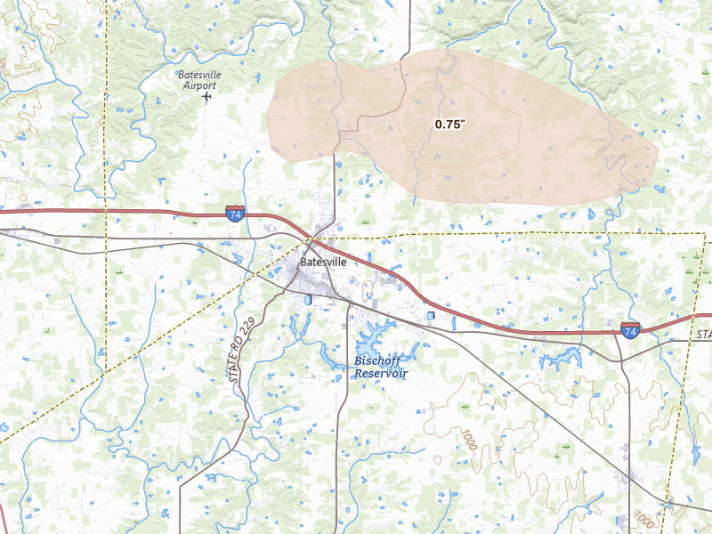 Radar-estimated hail-size map of the storm over Batesville, IN on Aug 11, 2026