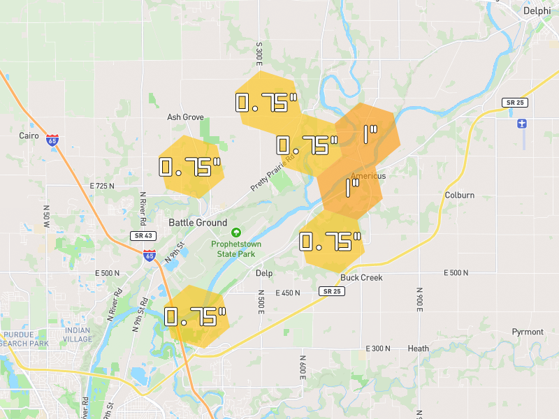 Hail map of Battle Ground, IN on Jun 6, 2026, hail up to 1"