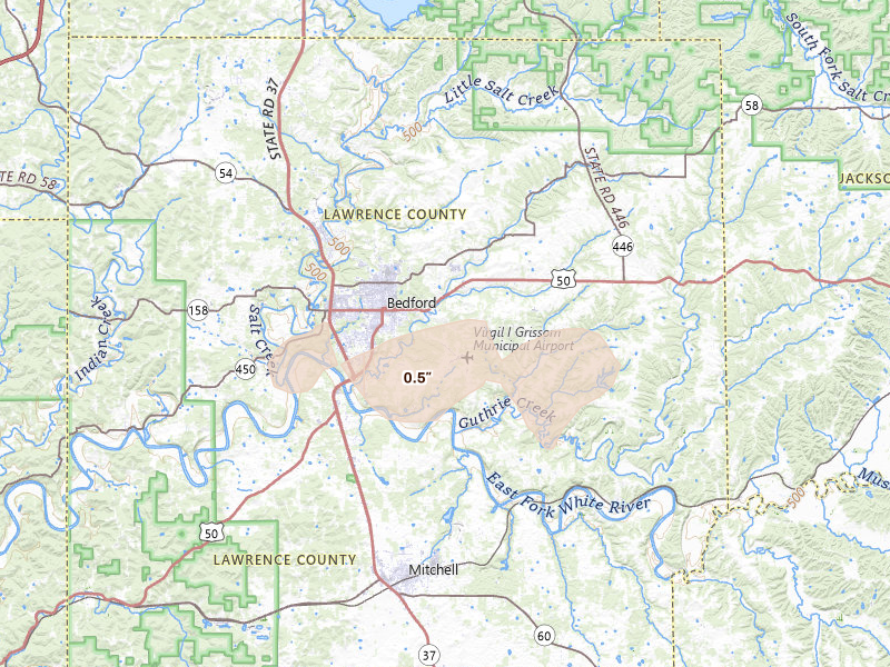 Radar-estimated hail-size map of the storm over Bedford, IN on Mar 22, 2026