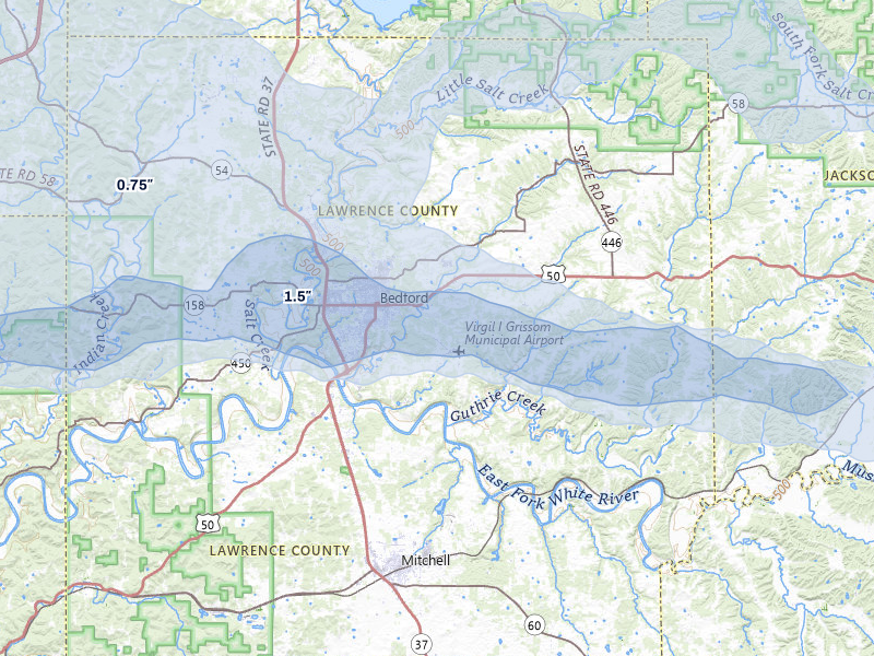 NEXRAD radar-signature map of the hail storm over Bedford, IN on Mar 22, 2026