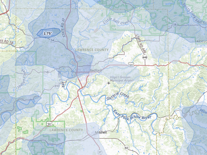 NEXRAD radar-signature map of the hail over Bedford, IN