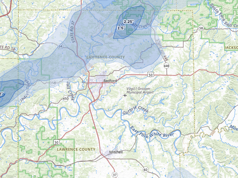 NEXRAD radar-signature map of the hail storm over Bedford, IN on Jul 3, 2026