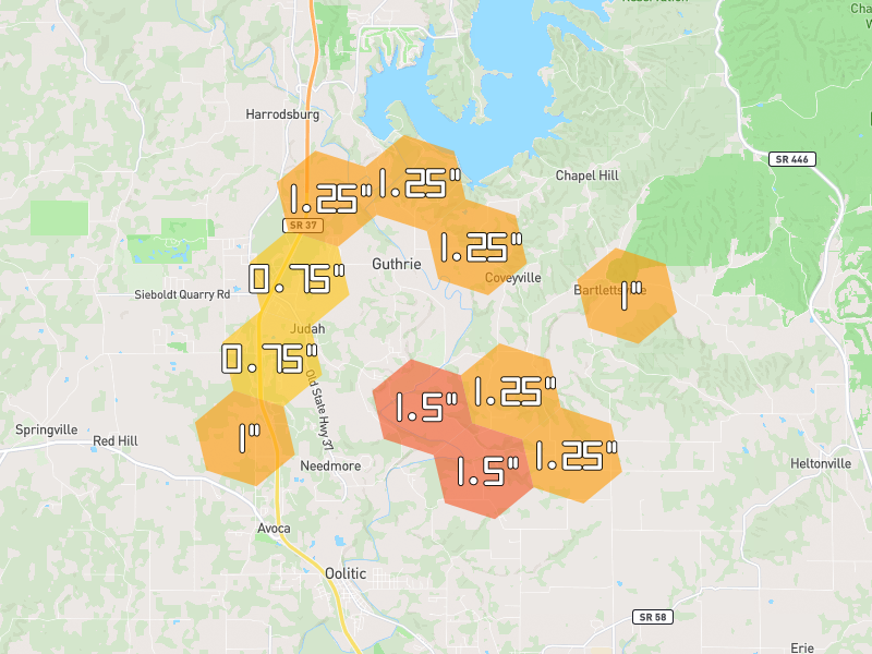 Hail map of Bedford, IN on Jul 3, 2026, hail up to 1.5"
