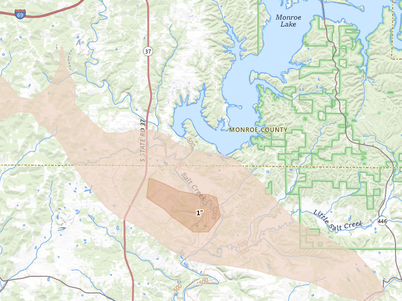 Radar-estimated hail-size map of the storm over Bedford, IN on Aug 11, 2026