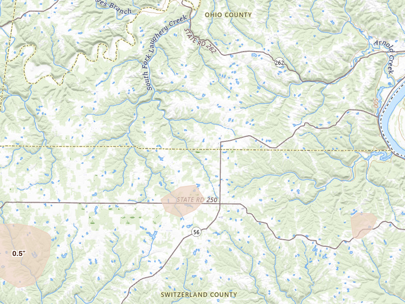 Radar-estimated hail-size map of the storm over Bennington, IN on May 16, 2026