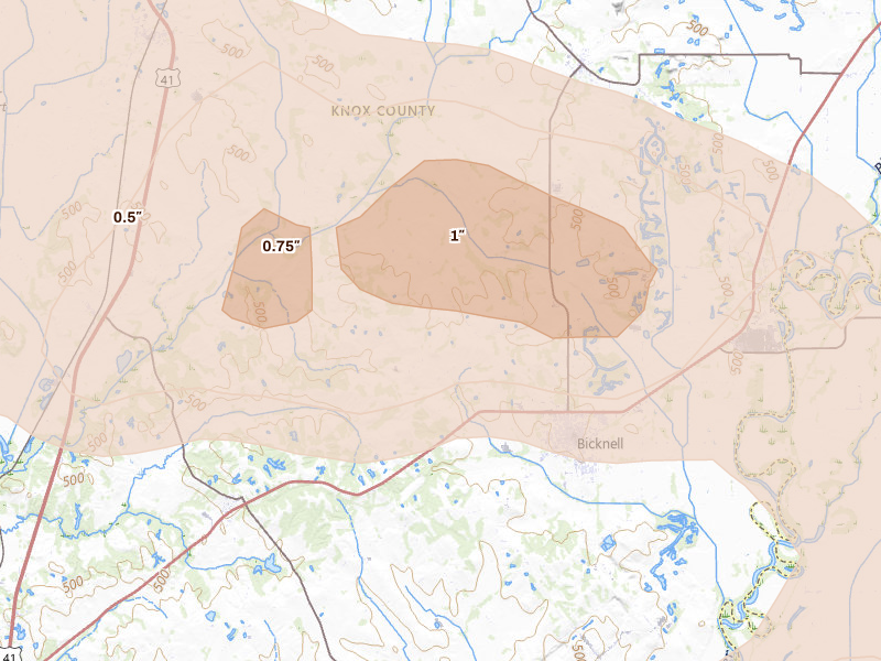 Radar-estimated hail-size map of the storm over Bicknell, IN on Mar 22, 2026