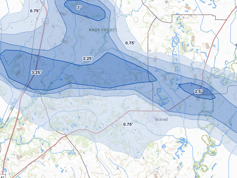 NEXRAD radar-signature map of the hail storm over Bicknell, IN on Mar 22, 2026