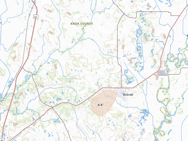 Radar-estimated hail-size map of the storm over Bicknell, IN on May 16, 2026