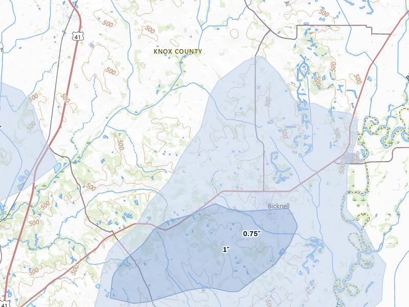 NEXRAD radar-signature map of the hail storm over Bicknell, IN on May 16, 2026