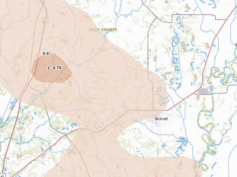 Radar-estimated hail-size map of the storm over Bicknell, IN on Aug 12, 2026