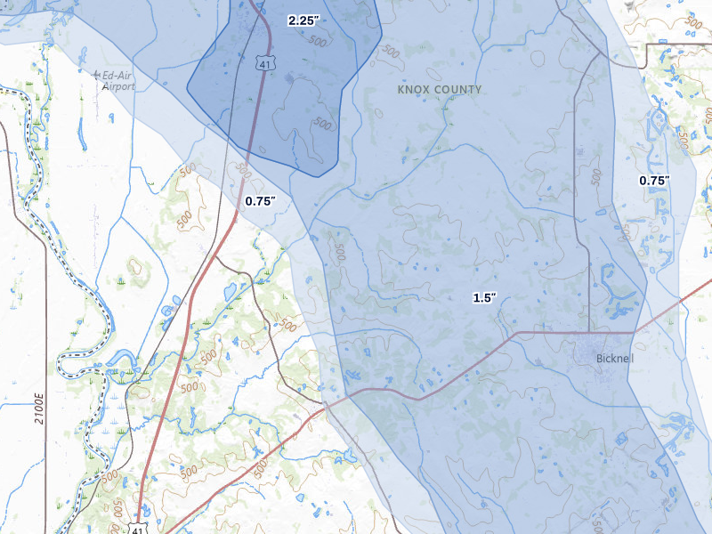 NEXRAD radar-signature map of the hail storm over Bicknell, IN on Aug 12, 2026