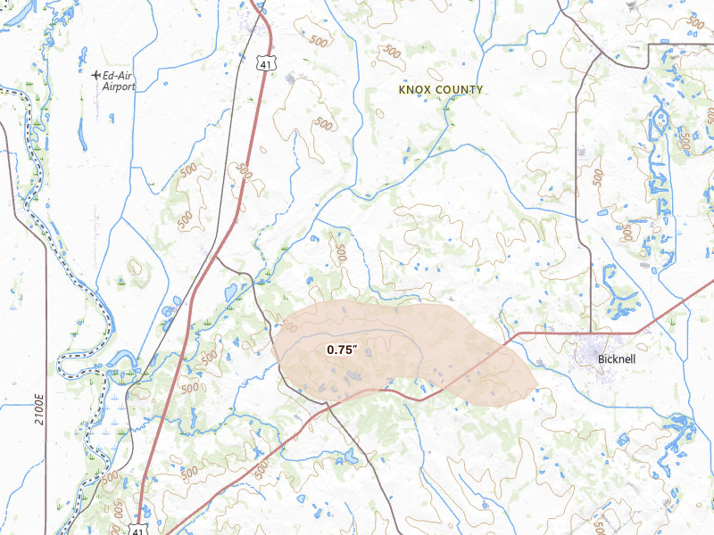 Radar-estimated hail-size map of the storm over Bicknell, IN on Aug 26, 2026
