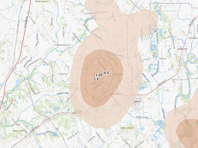 Radar-estimated hail-size map of the storm over Bicknell, IN