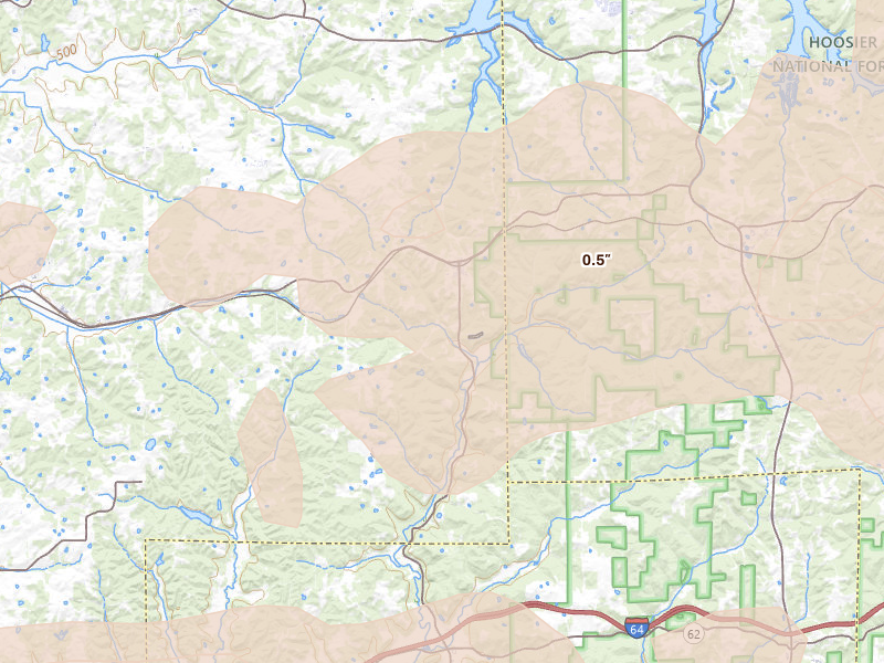 Radar-estimated hail-size map of the storm over Birdseye, IN on May 16, 2026
