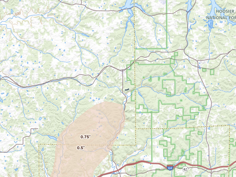 Radar-estimated hail-size map of the storm over Birdseye, IN on May 19, 2026