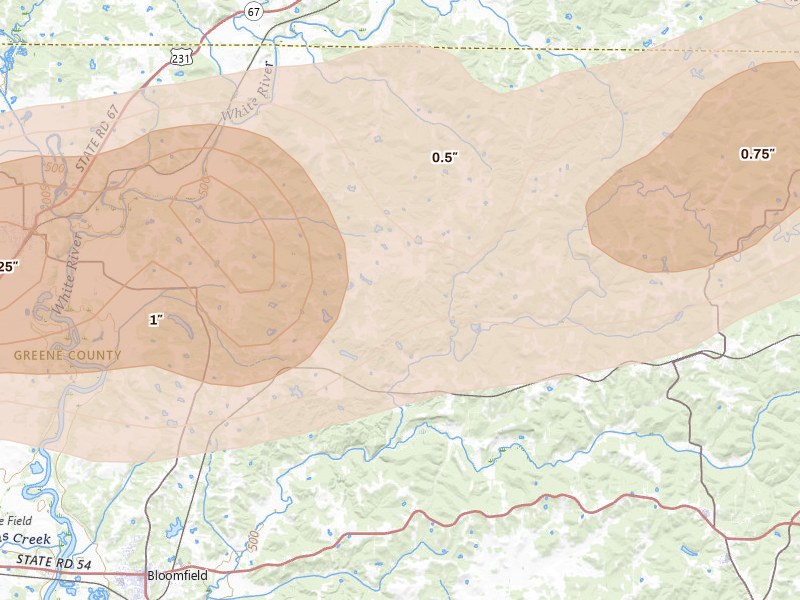 Radar-estimated hail-size map of the storm over Bloomfield, IN